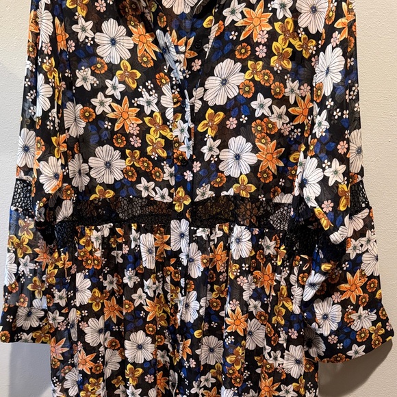 Sandro Paris Reyes Floral Button-Front Sheer Smock Dress in Black & Mustard - Picture 5 of 16